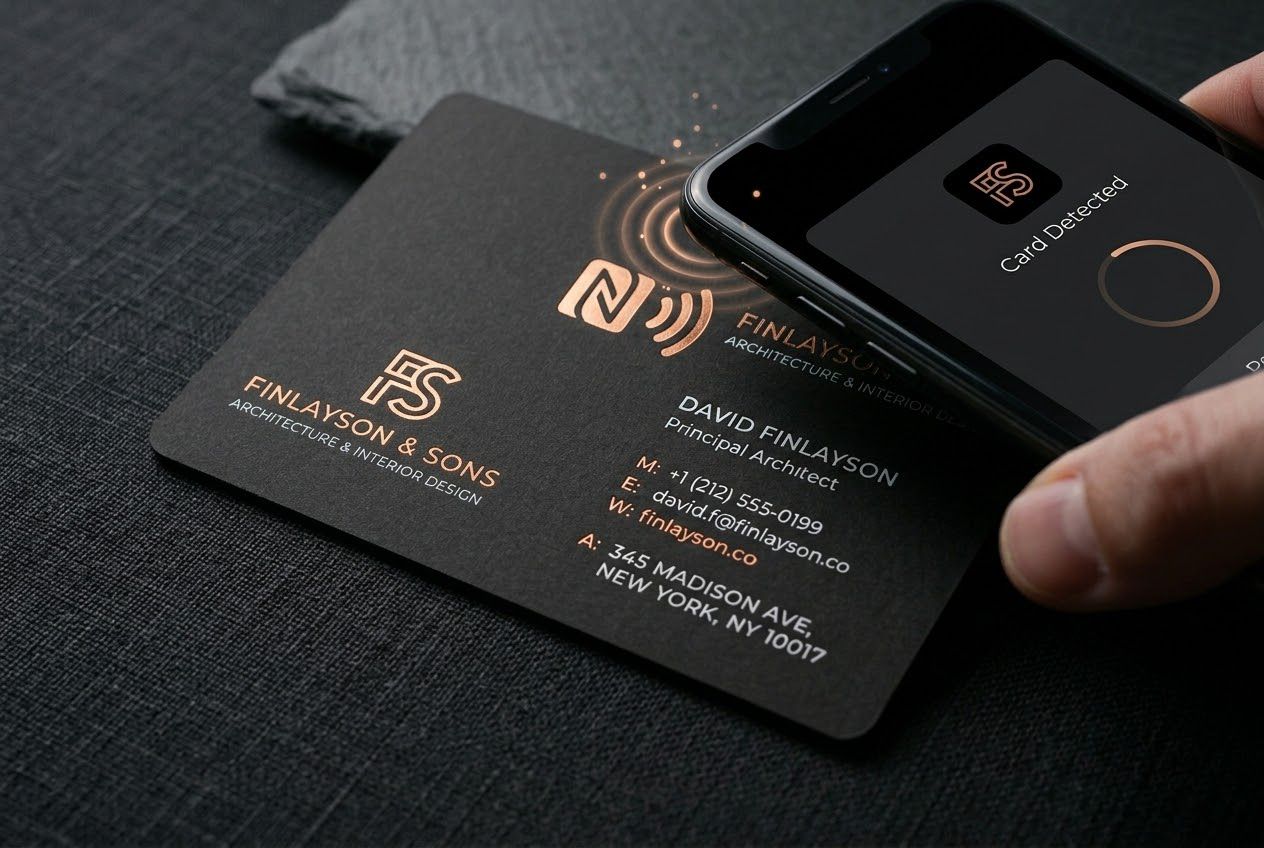 Carte NFC personnalisée noir et cuivre au logo et aux coordonnées d’une entreprise, lue par un téléphone qui affiche « Card detected »