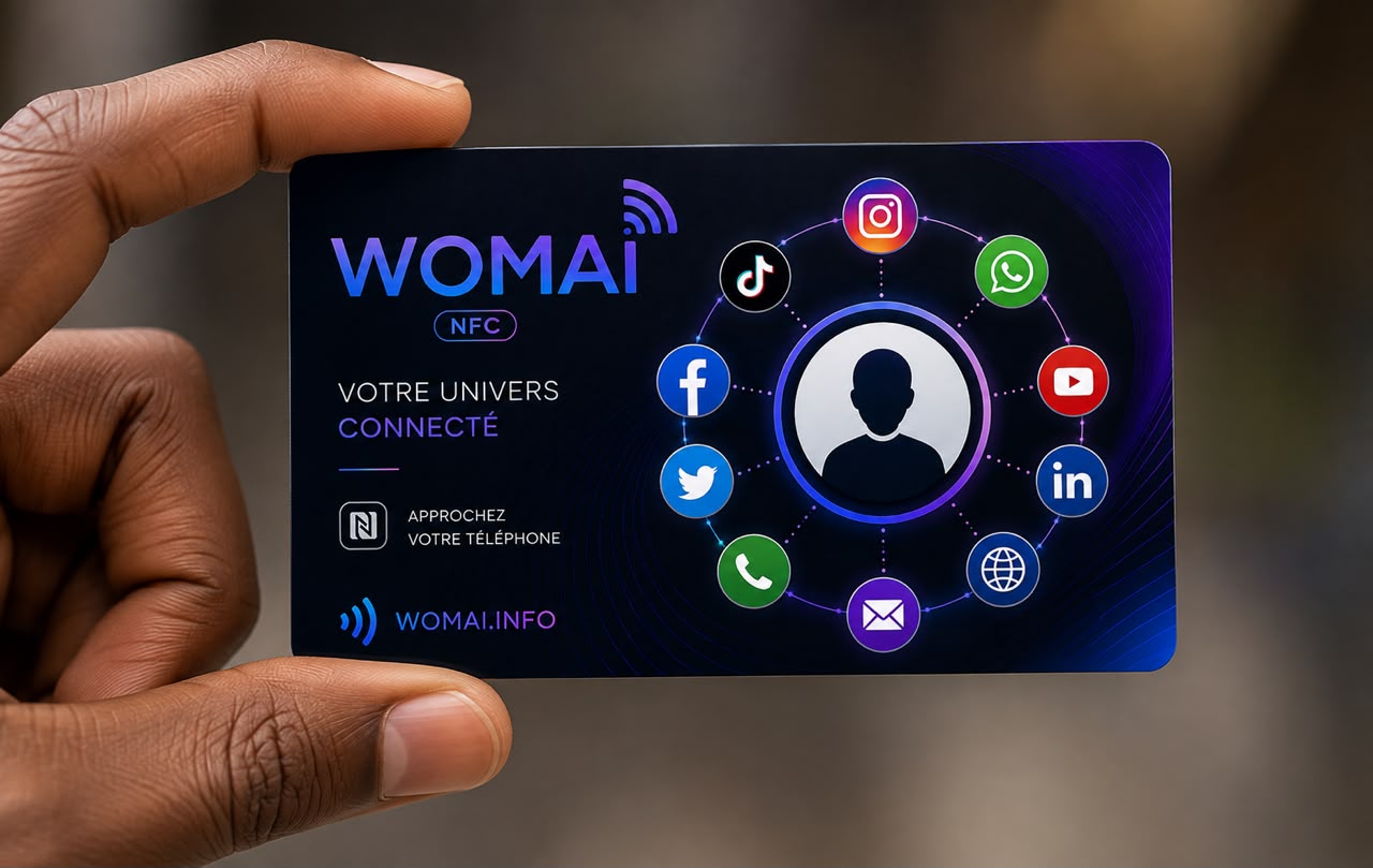 Face avant de la carte WOMAI NFC tenue en main : logo, mention « Approchez votre téléphone » et couronne d’icônes de réseaux sociaux