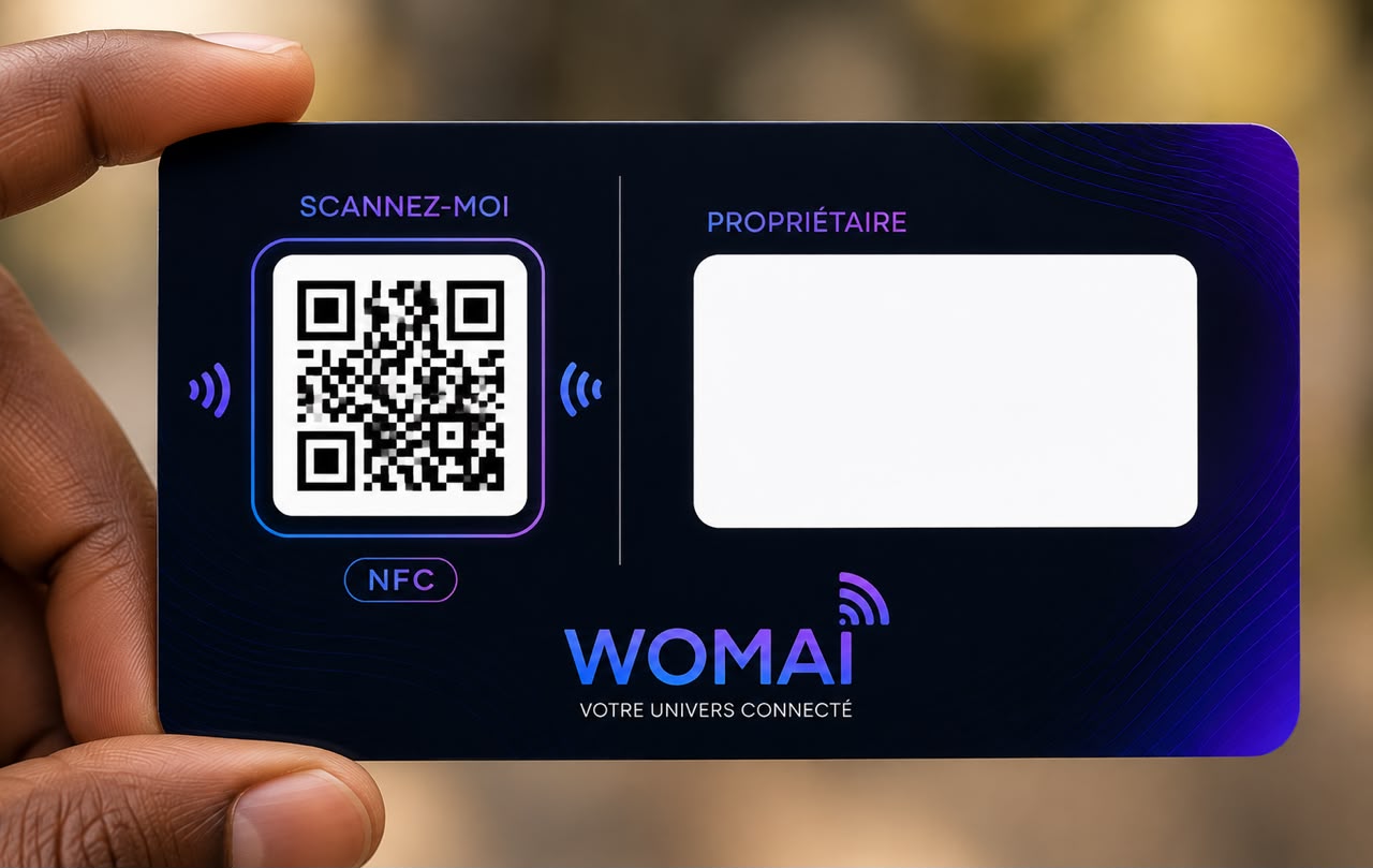Dos de la carte WOMAI NFC : QR code « Scannez-moi », badge NFC et emplacement blanc réservé au nom du propriétaire