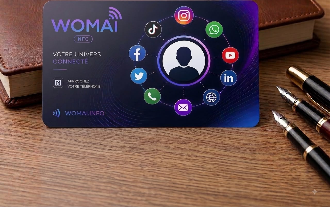 Carte WOMAI NFC posée sur un bureau en bois, entre un carnet en cuir et deux stylos plume
